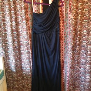 David’s Bridal Navy Long Lace One Shoulder